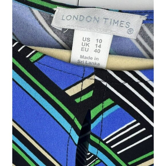 London Times Womens Dress 10 Blue Mosaic Colorful Midi Twist V Neck Short Sleeve - Picture 2 of 7